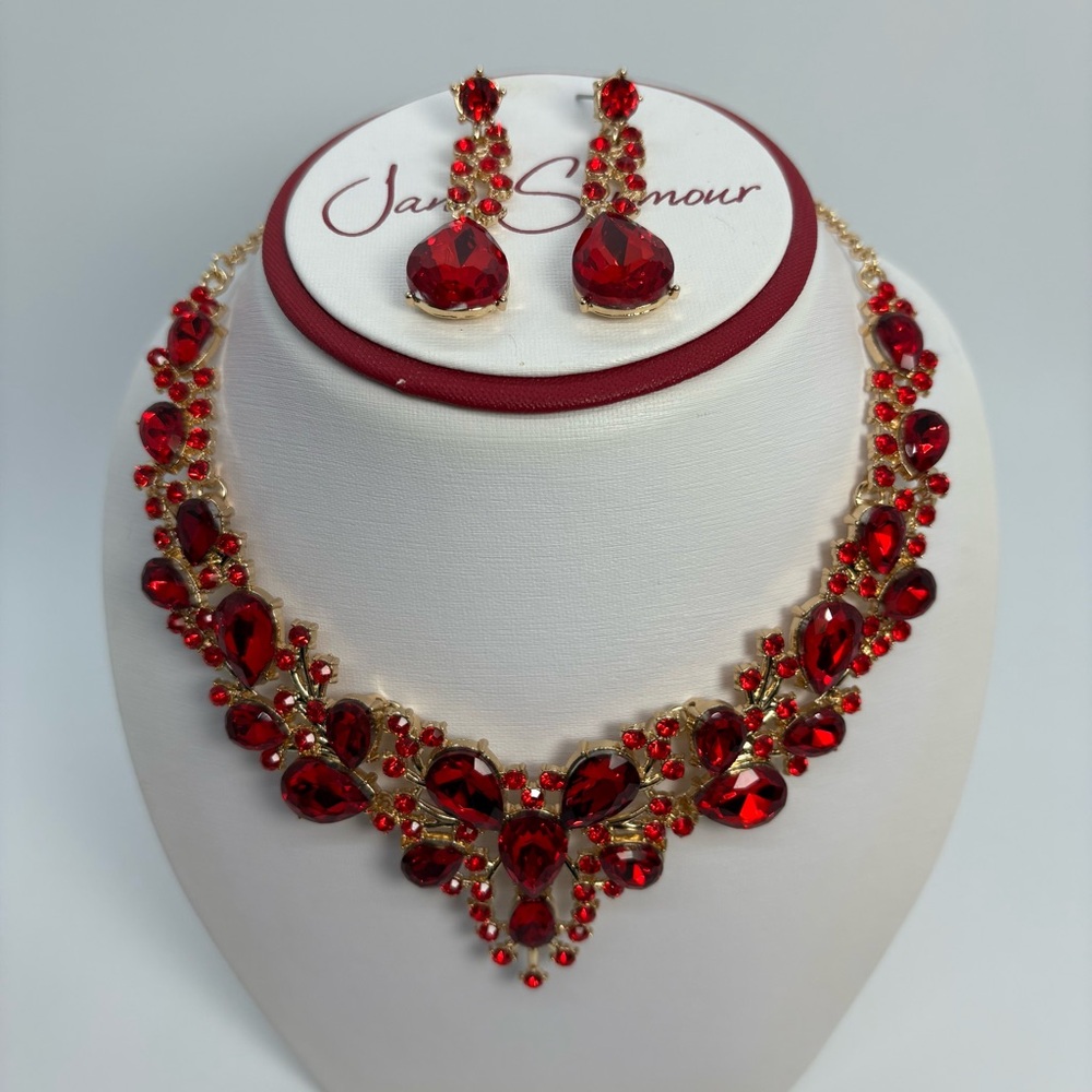 Red Crystal Bib Statement Necklace and Earring Set For Bridal Prom Pageant